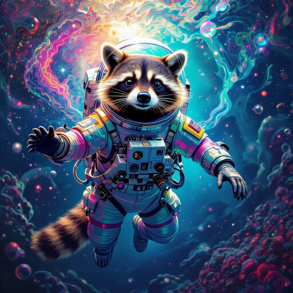 Raccoon Astronaut Floats in Psychedelic Ocean, Visionary Art