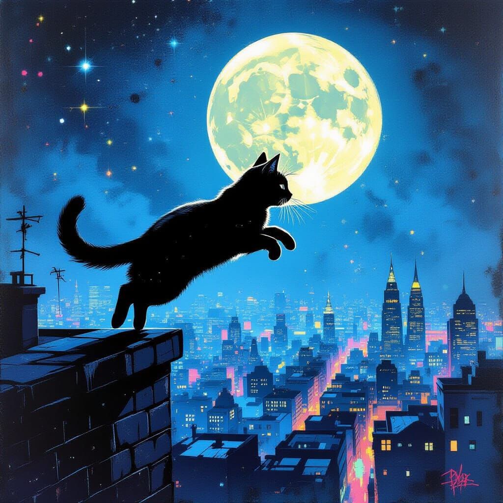 Street Art Cat Leaping Rooftops Under Full Moon