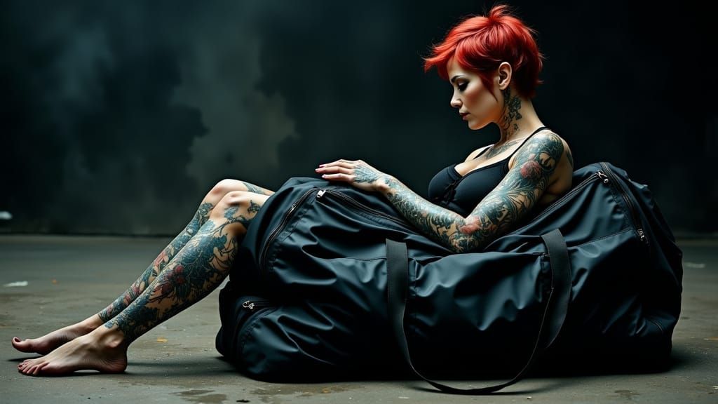 Confident Tattooed Woman Emerging from Shadows
