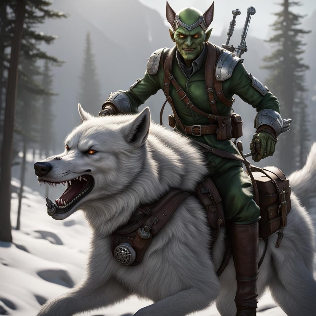 Green Goblin Rides White Wolf in Steampunk Landscape