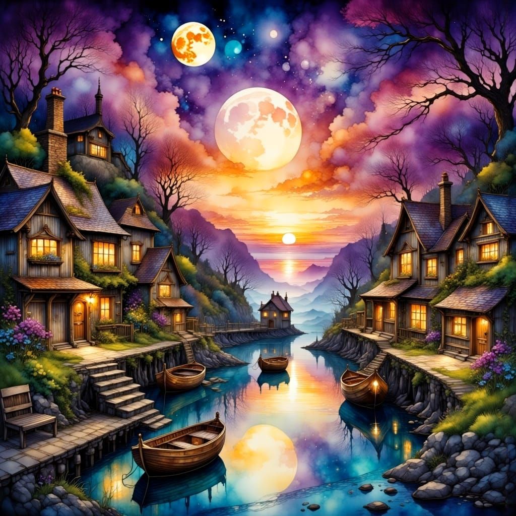 Whimsical Seaside Village Under Fiery Twilight