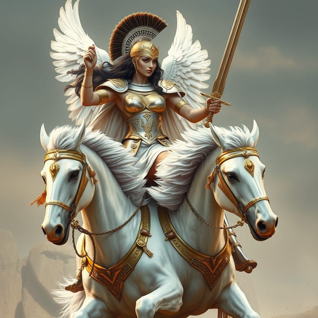 Majestic Warrior Goddess Rides Bicephal Pegasus into Battle