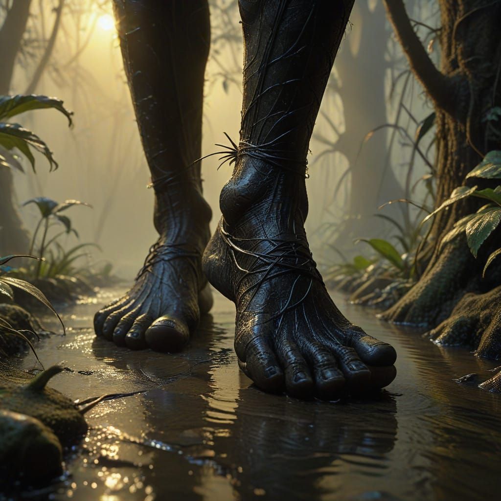 Woman's Foot in Dark, Tropical Jungle