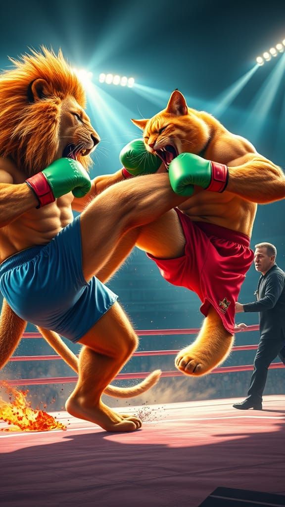 Lion Boxer Kicks Golden Bodybuilder in Fantasy Match