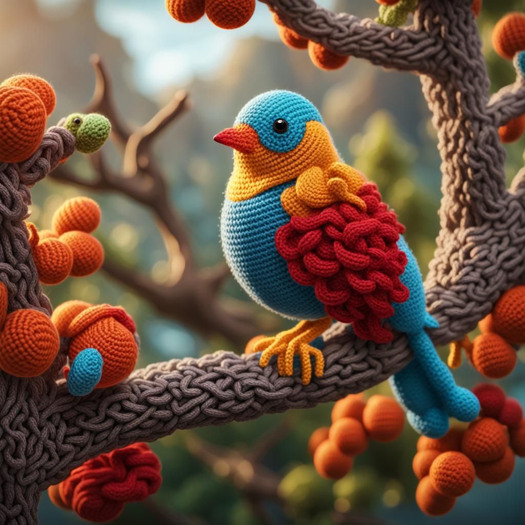Detailed Crochet Bird and Branch Scene