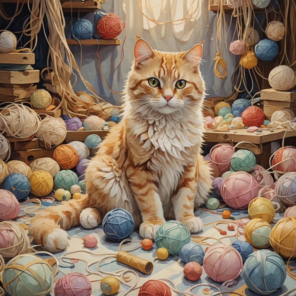 Puzzled Plush Cat in Dreamy Naive Art Style