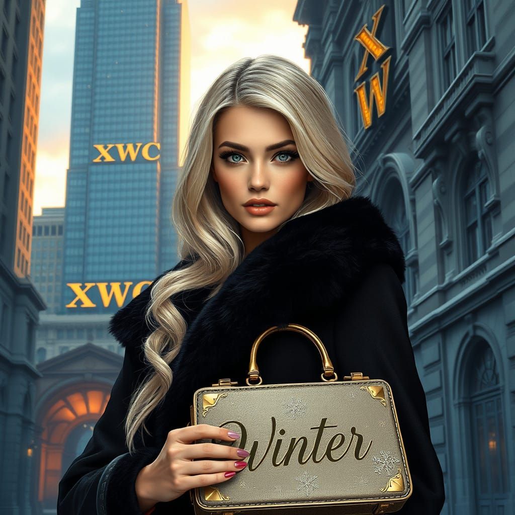 Elegant Woman in Luxury Black Coat, Surrounded by City Archi...