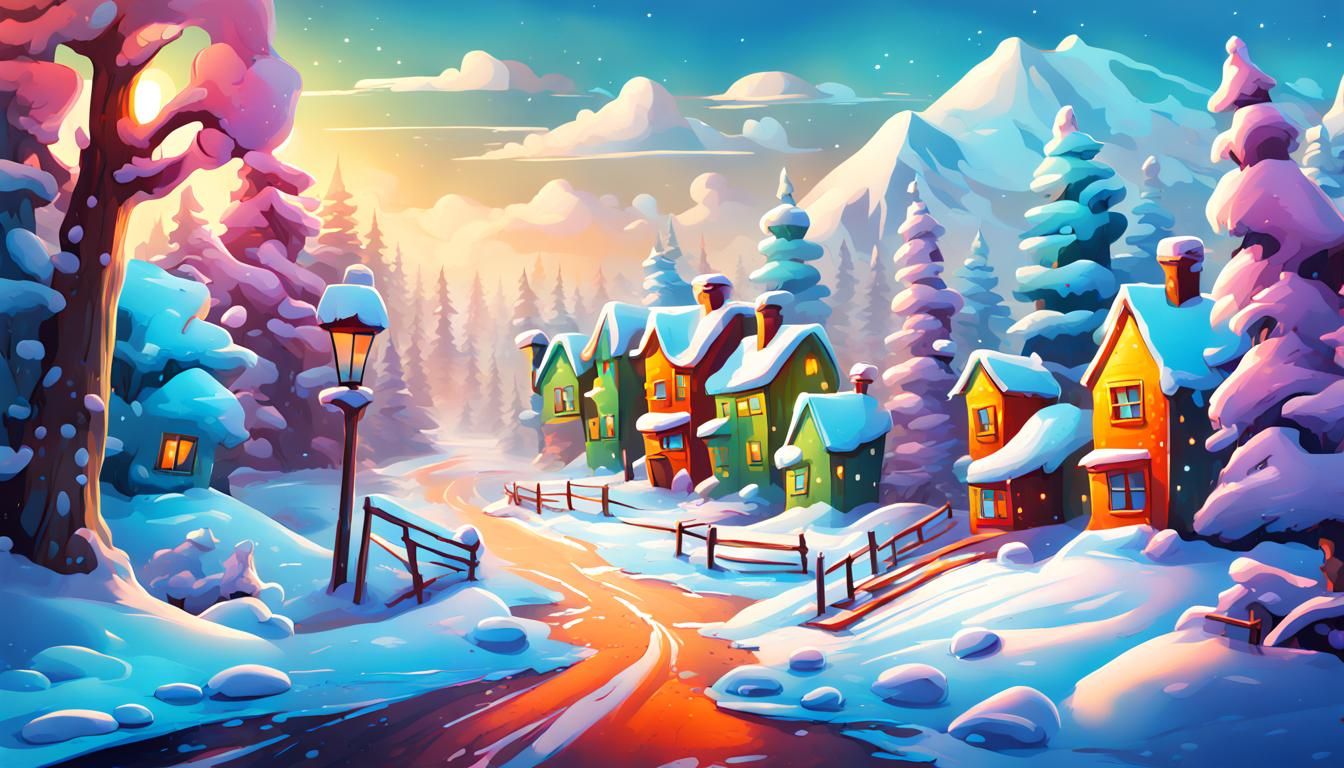 Colorful Cartoon Winter Landscape in Graffiti Style