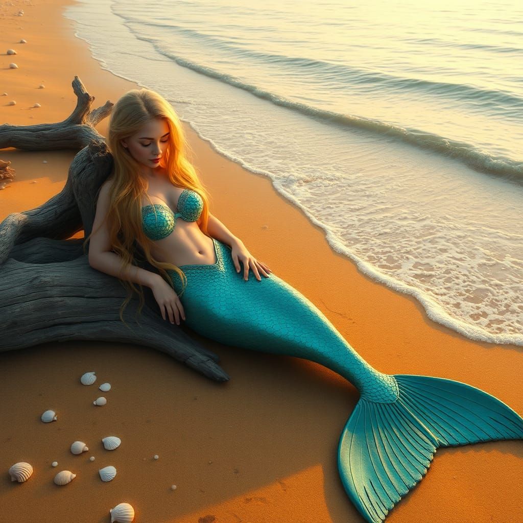 A serene mermaid with long, flowing golden hair that cascade...