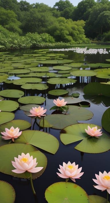 Lotus Flowers in Pond on a Bright Day