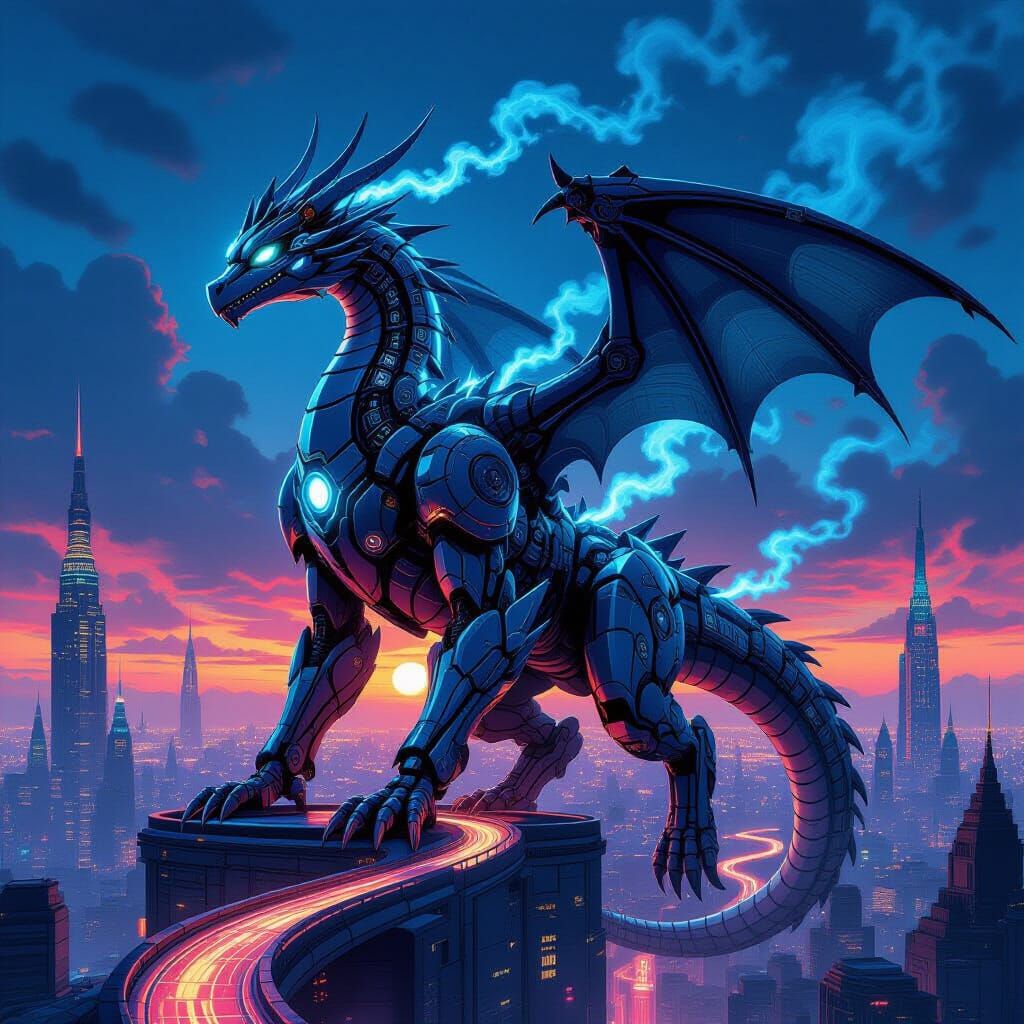 Mechanical Dragon Over Futuristic Cityscape at Twilight