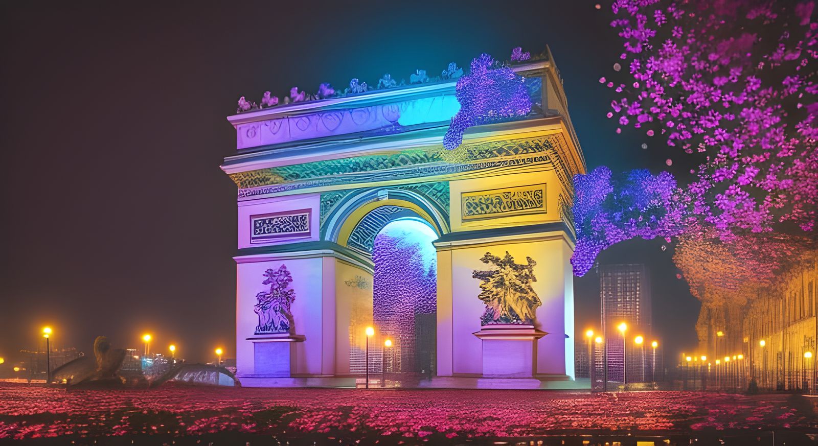 The Arc de Triomphe lit up at night, Covered in Flowers