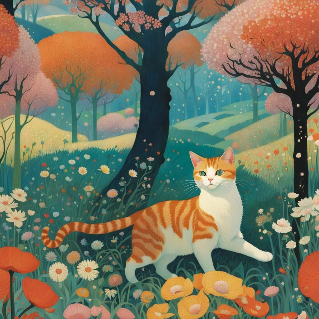 Cat in Flower Meadow, Golden Age Illustration