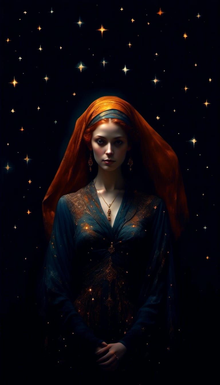 Woman in Starry Headscarf: Hyperrealistic Fantasy Portrait