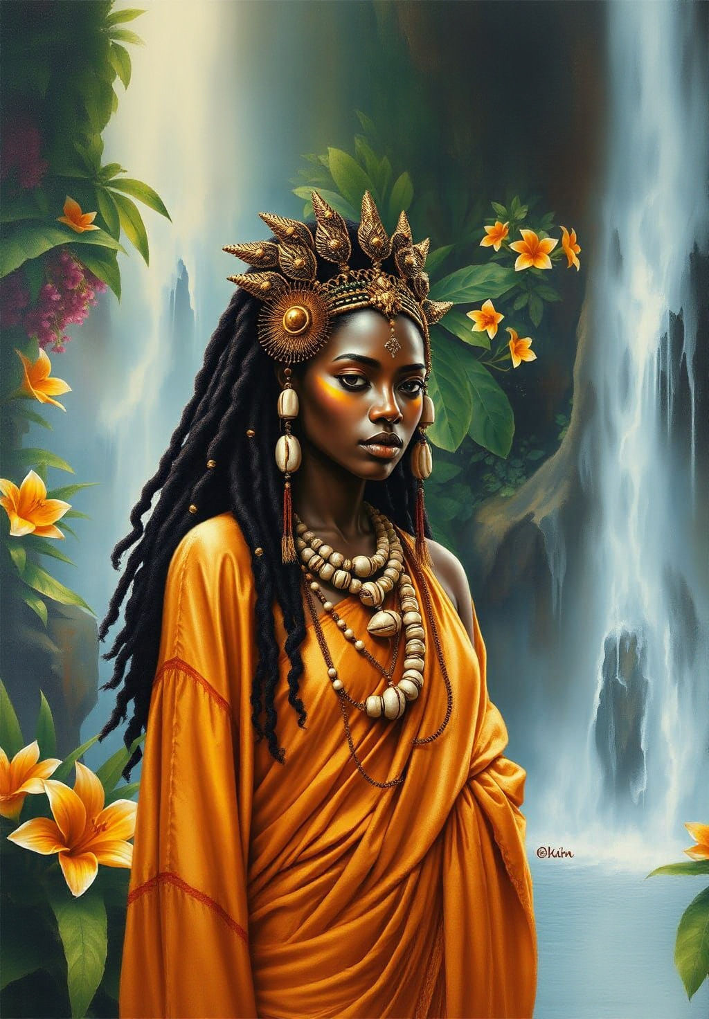Oxum Goddess of Waterfalls in Gouache Style