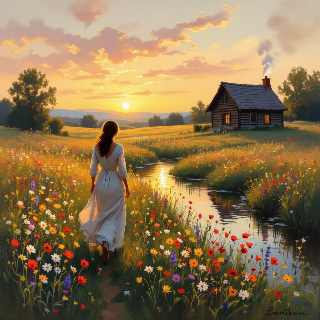 Sunset Meadow Stroll: Impressionist Countryside Scene