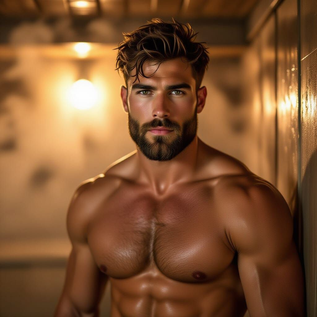 Confident Man in Sauna: Photorealistic Chiaroscuro