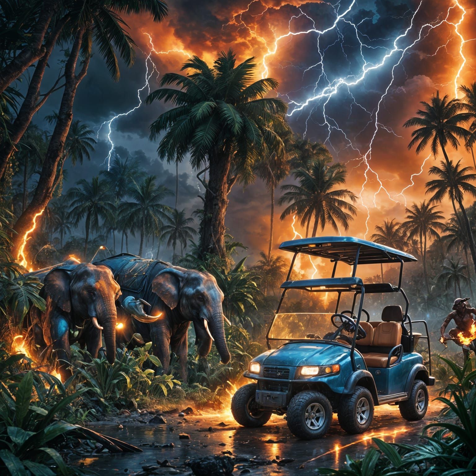 Crashed Golf Cart in Jungle with Electric Elephants