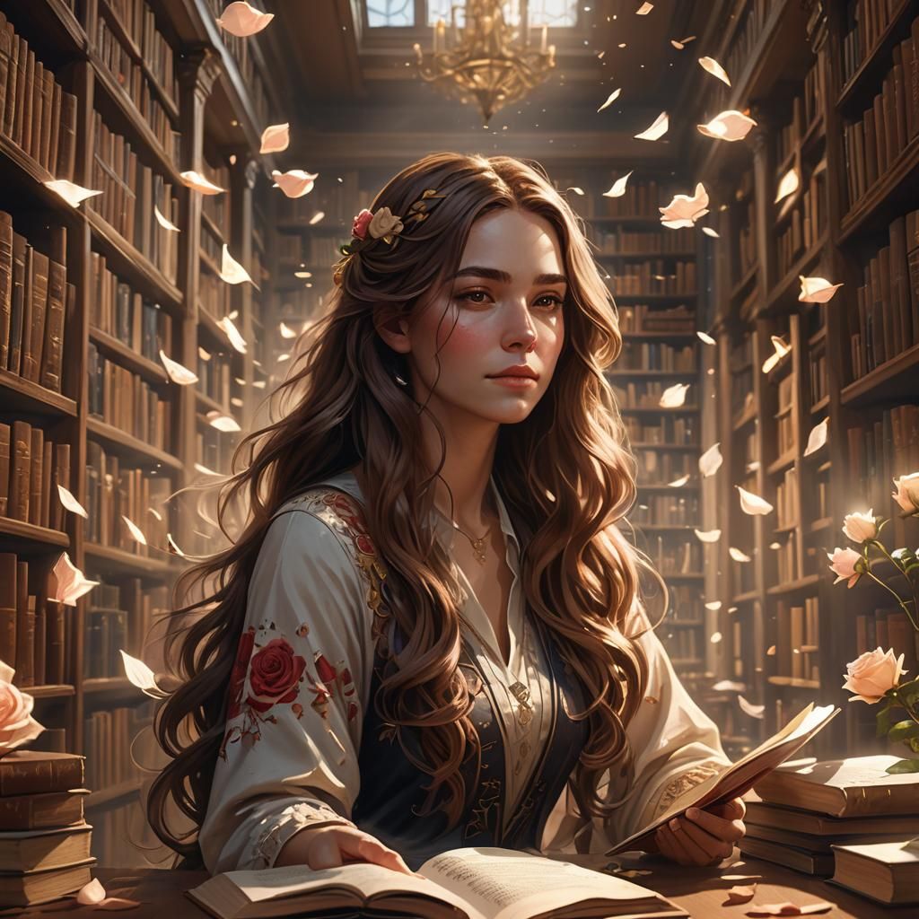 Woman in Library with Rose, Art Nouveau Style