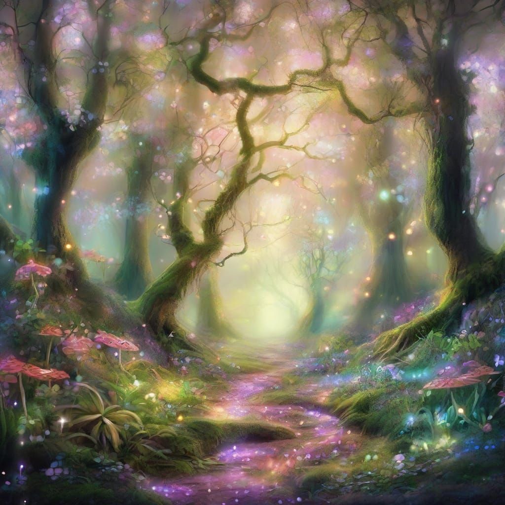 Enchanted Forest Glowing with Magic in Digital Painting Styl...