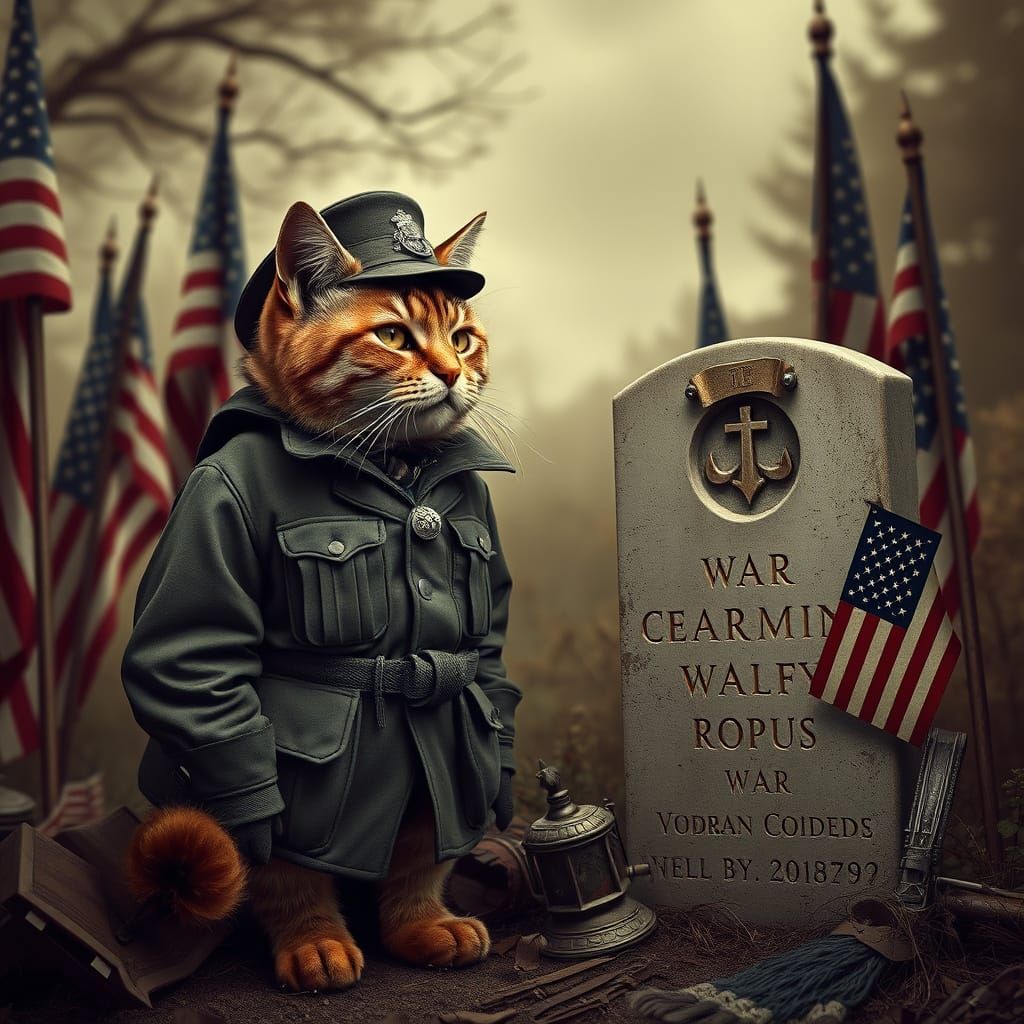 Sepia Portrait: Cat in Military Attire by Gravestone