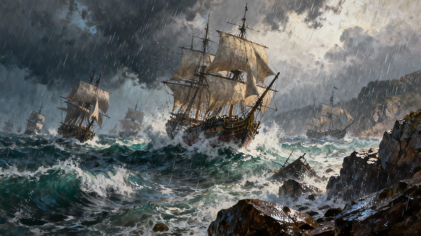 Ships Battle Stormy Seas in Painterly Style