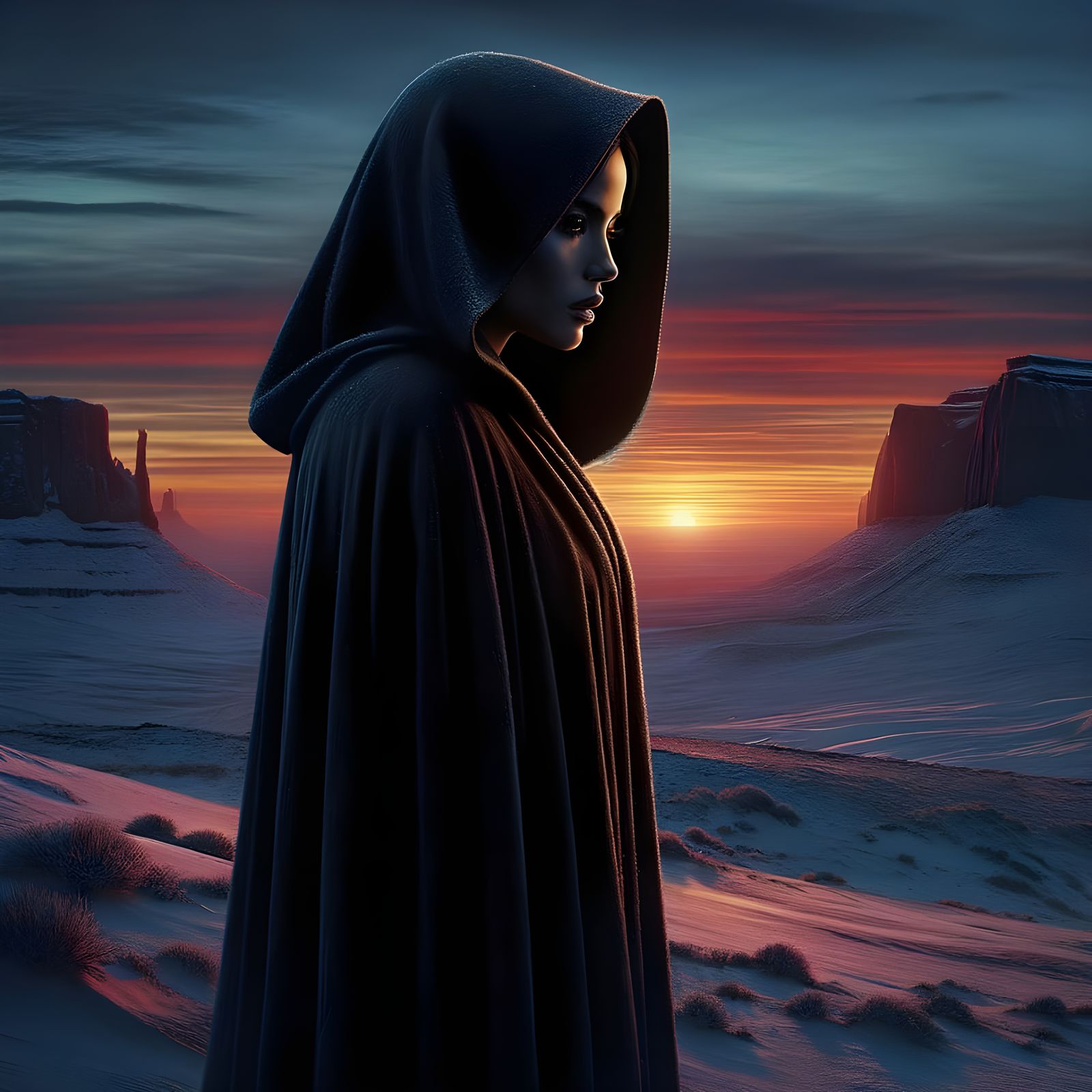 Solitary Woman Silhouetted Against Snowy Sunset