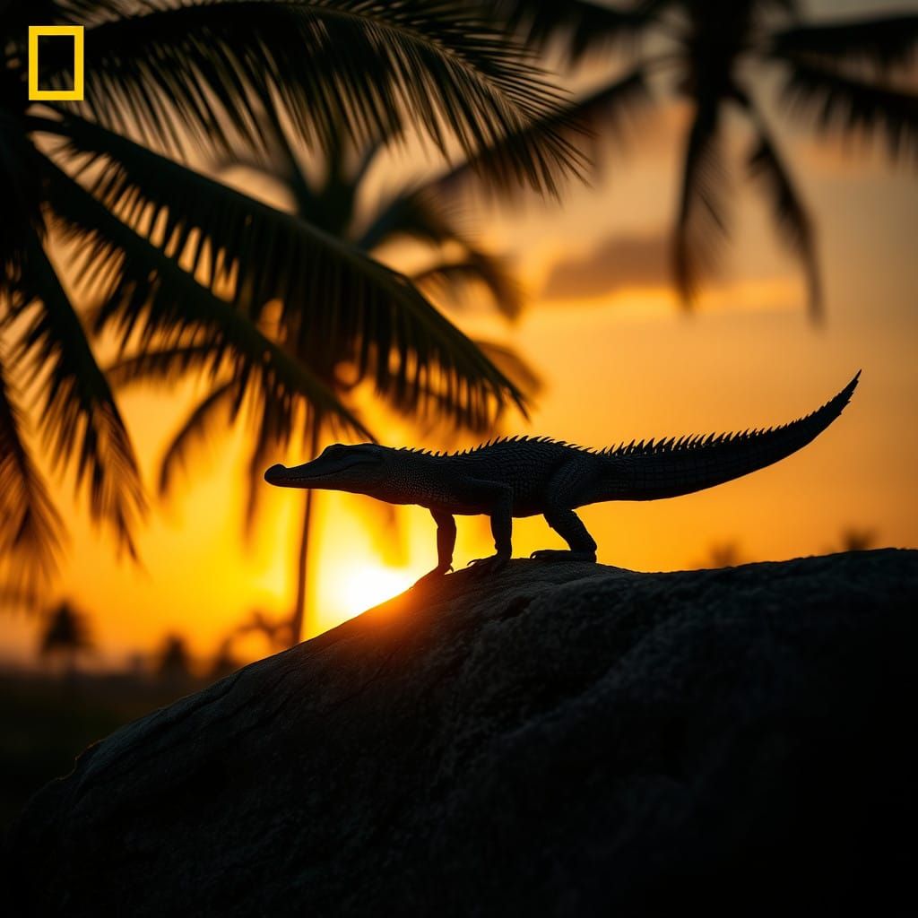 Caiman Silhouette on Weathered Rock at Sunset