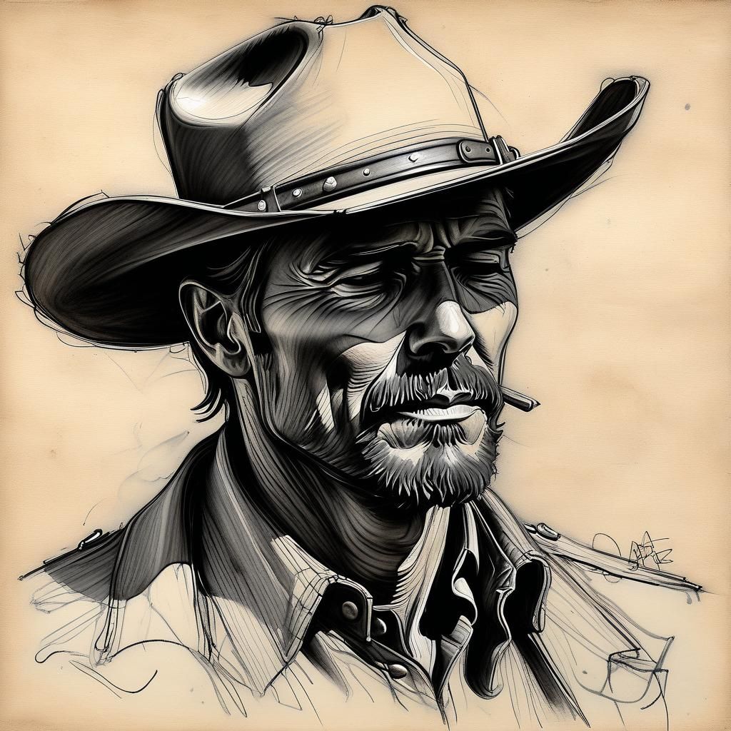Mysterious Cowboy in Charcoal and Pastel