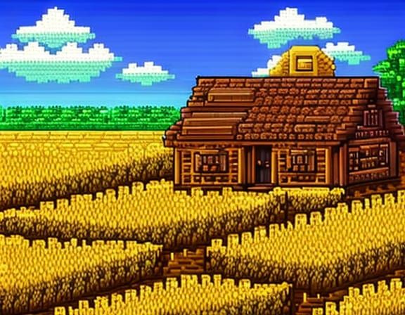Pixel Art Farmhouse Cottage in Wheat Field
