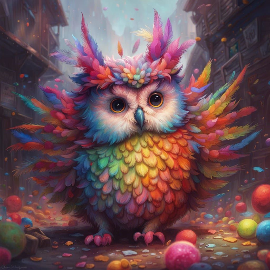 Rainbow Owl with Intricate Feathers and Glowing Eyes