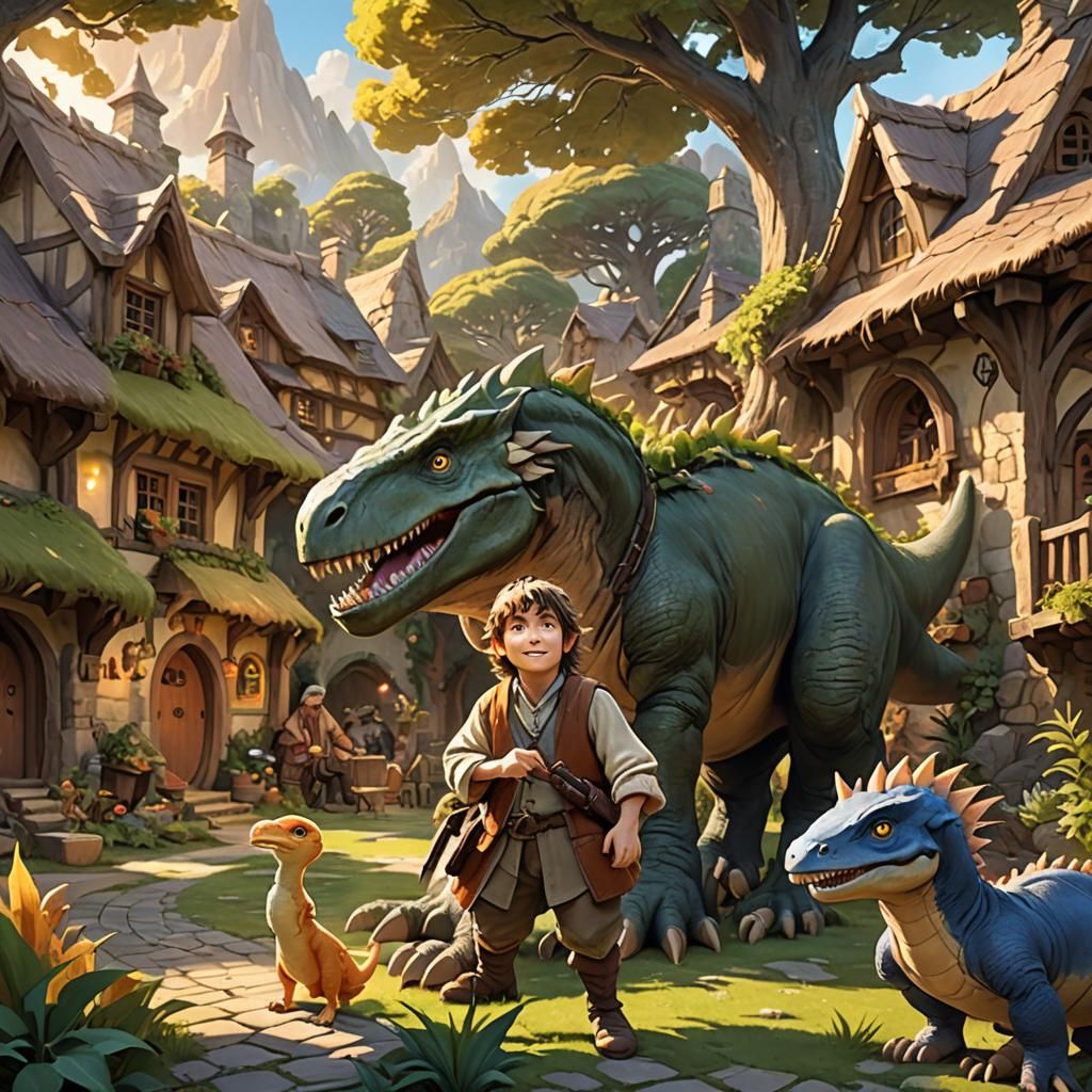 Hobbit and Dinosaur Friends: Whimsical 3D Anime Art