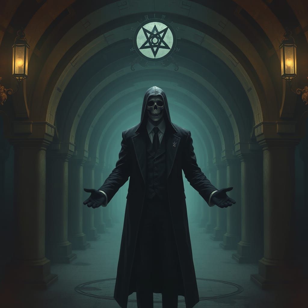 Mysterious Figure Among Cryptic Symbols in Dark Noir Style