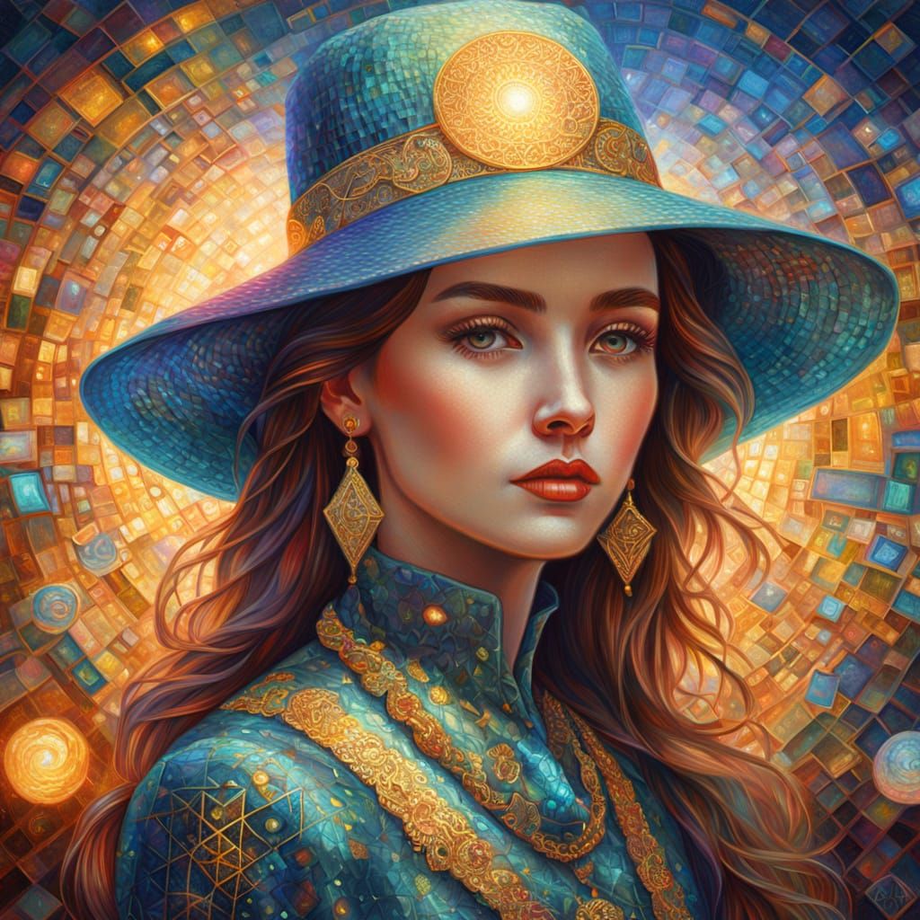 Surreal Woman in Oil Painting with Glowing Runes