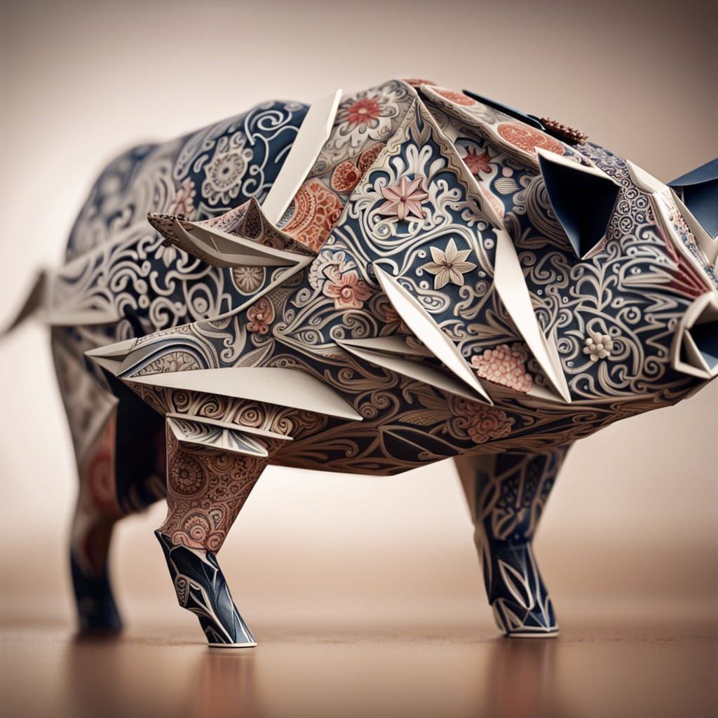 Ornate Porcelain Pig Sculpture in Origami Style