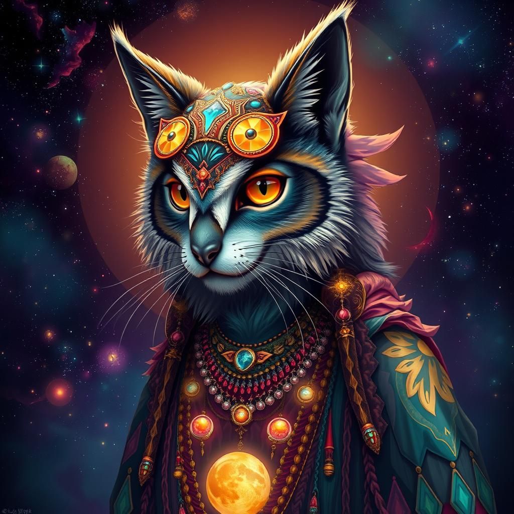 Mystical Cat-Wolf-Owl Hybrid in Astral Cosmos