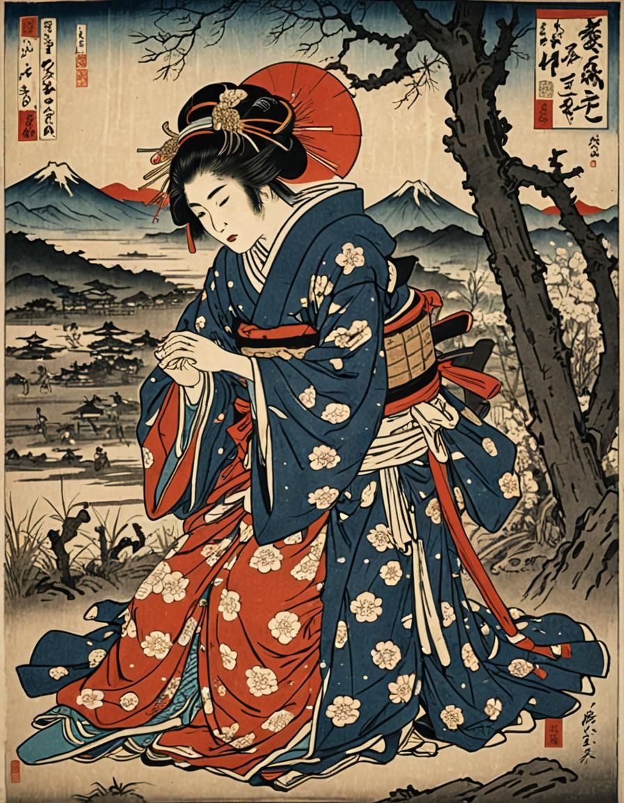 Geisha Mourns Samurai in Ukiyo-e Battlefield Scene