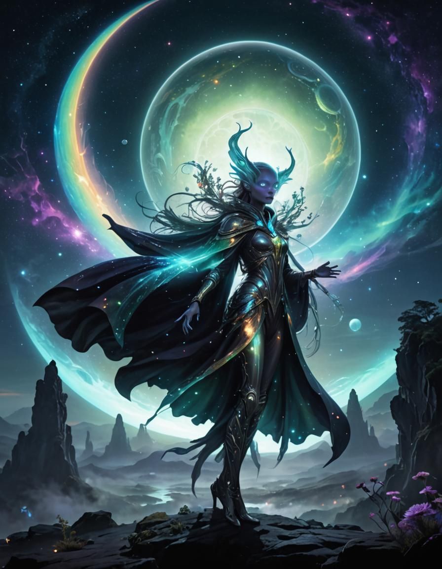 Alien Woman Overlooking Ringed Planet, Art Nouveau