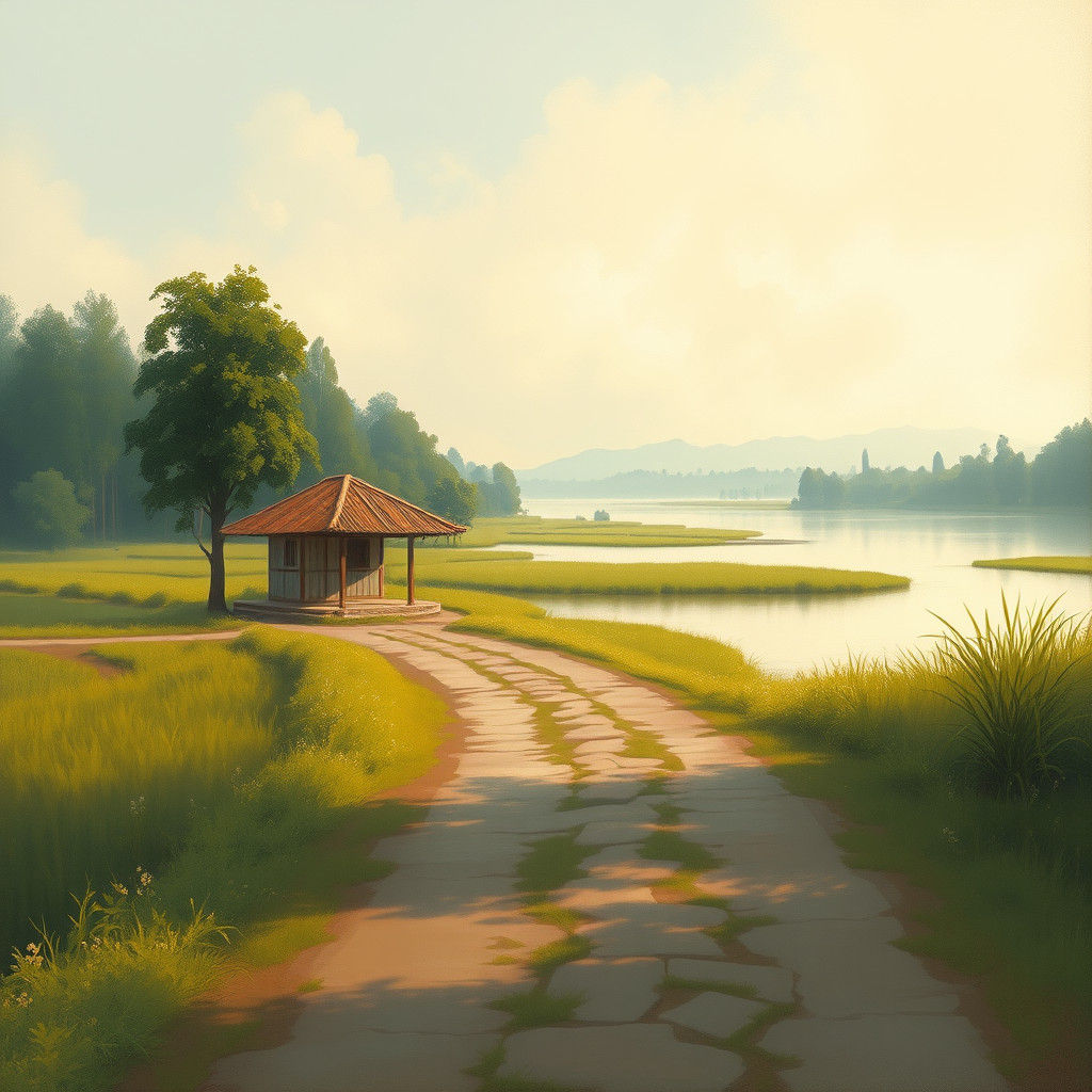 Rural Guard Post Beside River in Impressionist Style
