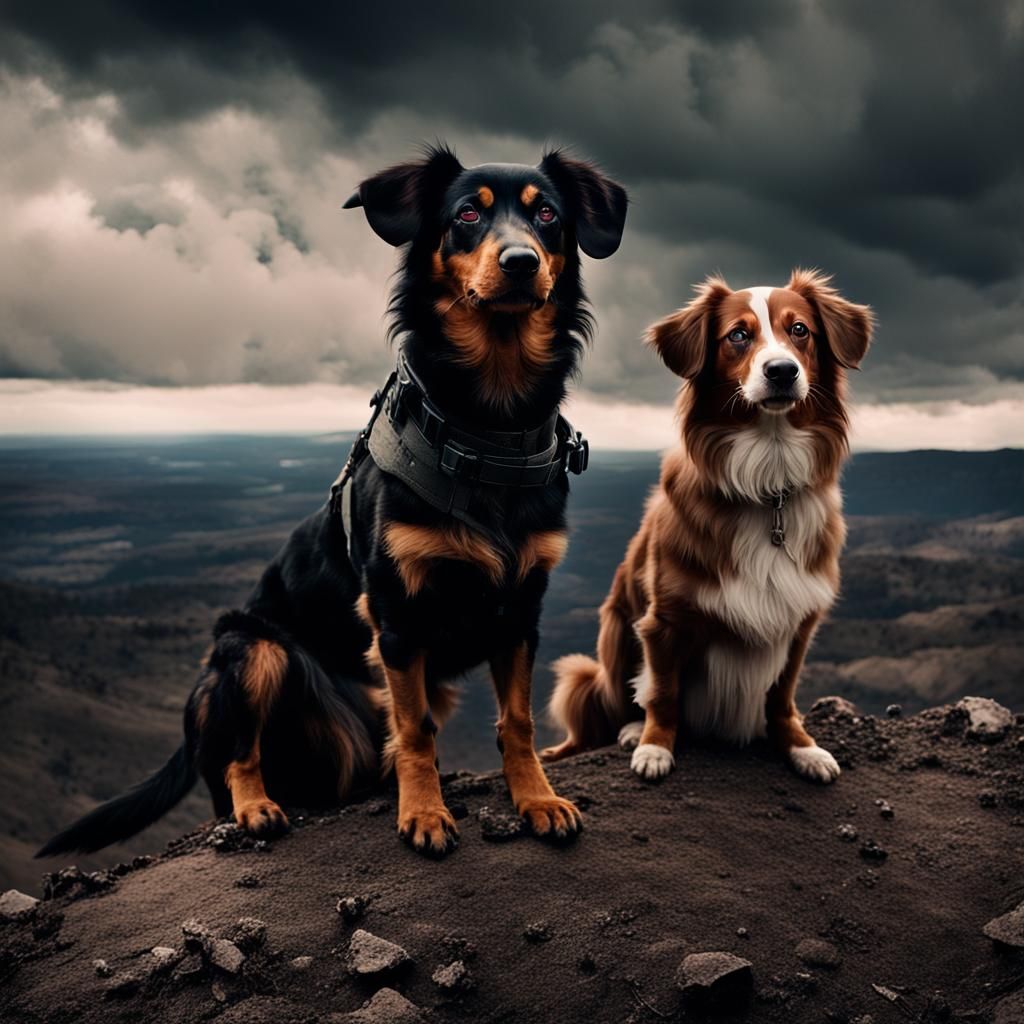 Dogs in Dystopian Landscape: Cinematic Film Still