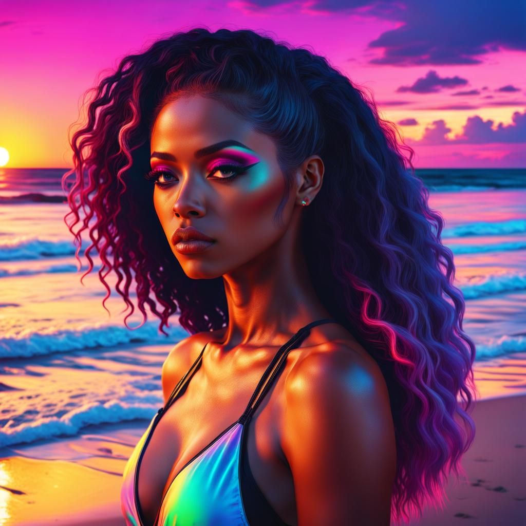 Synthwave Sunset: Girl on Beach in Retro Neon