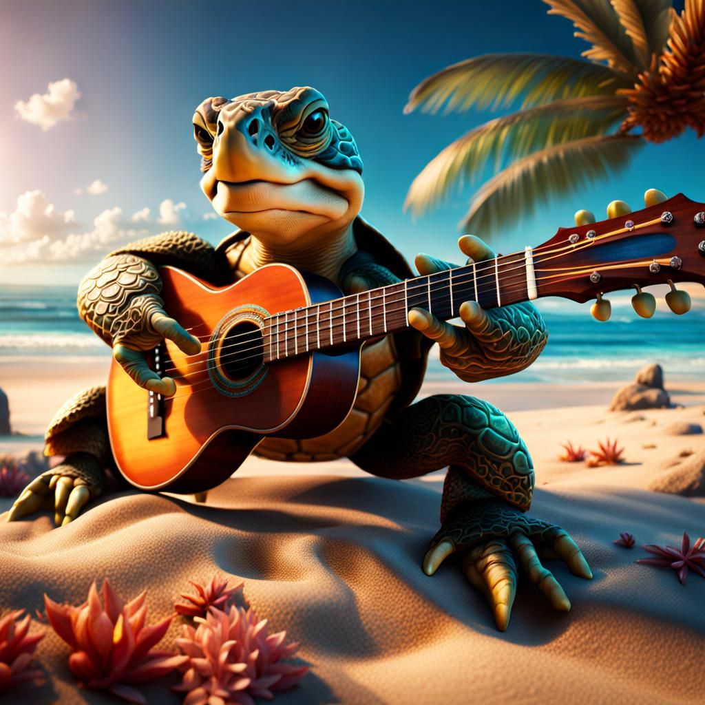 Sea Turtle Plays Guitar: Detailed Fantasy Art