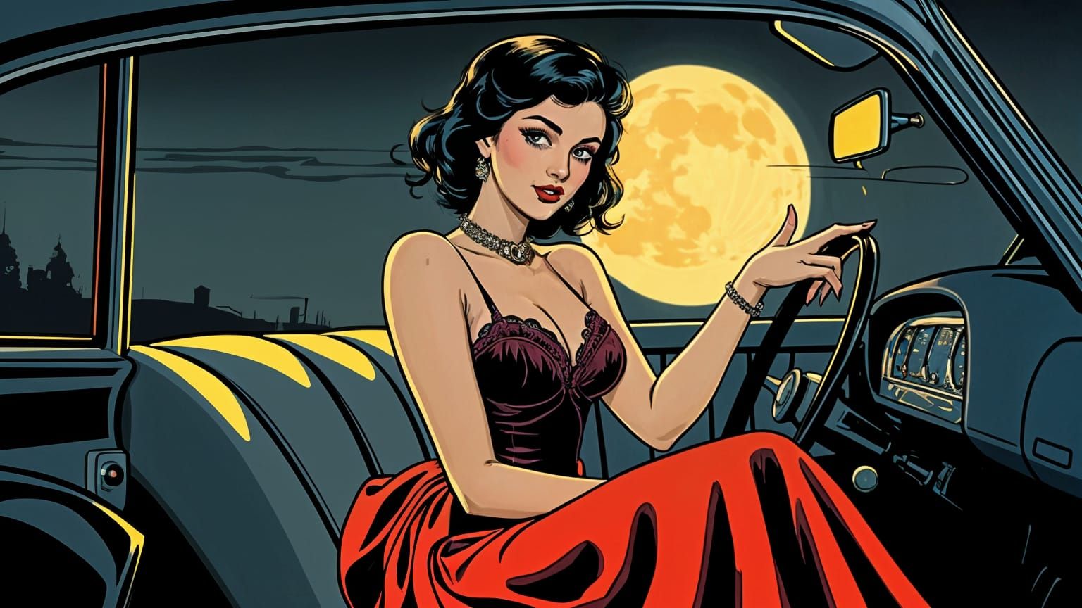Vampire Pin-Up in Vargas Style, Moonlit Scene
