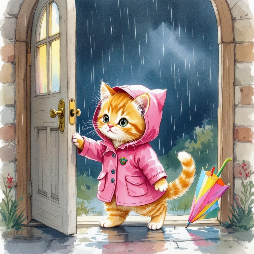 Kitten's Rainy Night Adventure: A Whimsical Watercolor Illus...