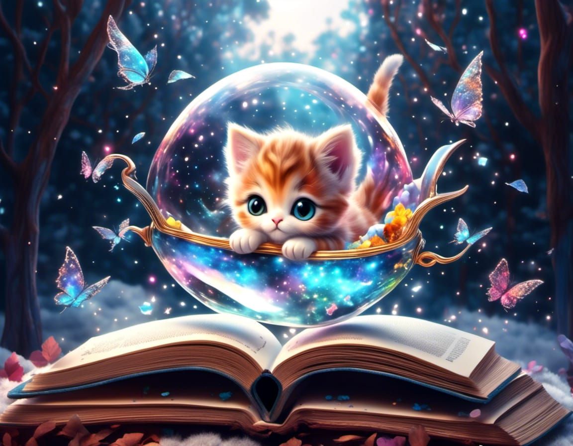 Chibi Kitten Ski Jumps Into Fantasy Book as 3D Art