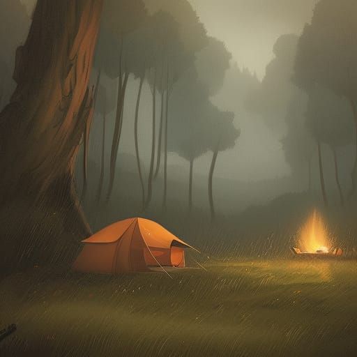 Sinister Campsite Tent at Forest Edge by Lake