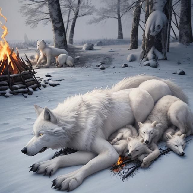 White Wolf Family Resting by Campfire in Snow