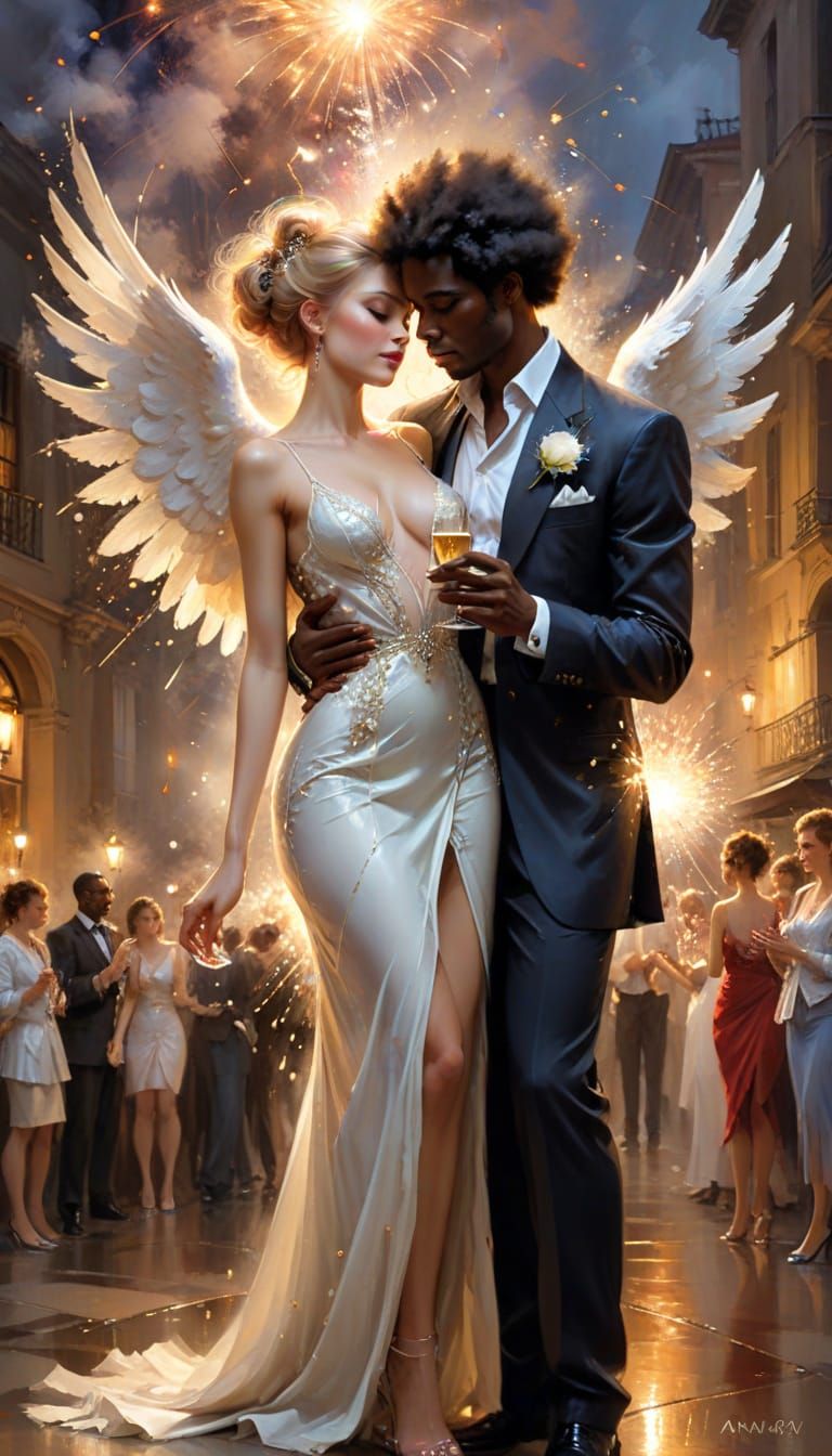 Angel Celebrates with Tears and Fireworks in Romantic Style