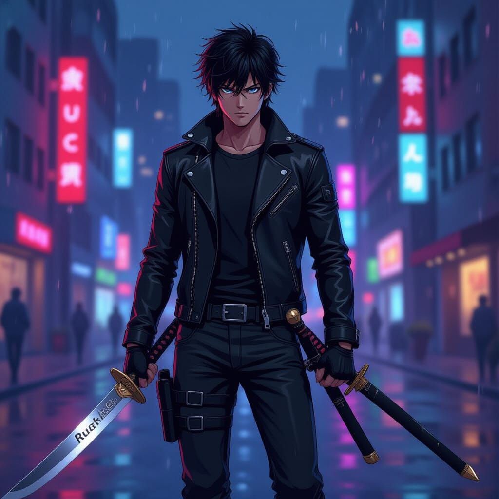 Anime Swordsman in Neon City, Modern Anime Art