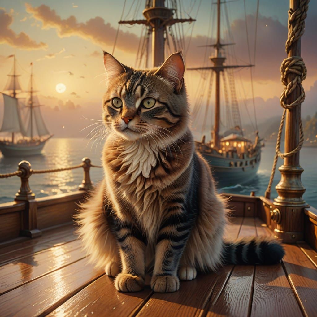 Cat on Sailing Ship in Ethereal Fantasy Style